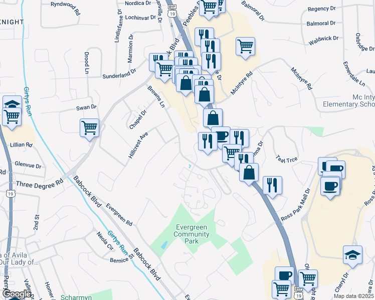 map of restaurants, bars, coffee shops, grocery stores, and more near in Ross Township