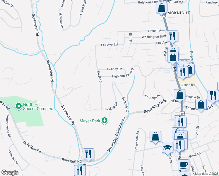 map of restaurants, bars, coffee shops, grocery stores, and more near 94 Buckhill Road in Pittsburgh