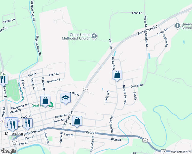 map of restaurants, bars, coffee shops, grocery stores, and more near 420 Berrysburg Road in Millersburg
