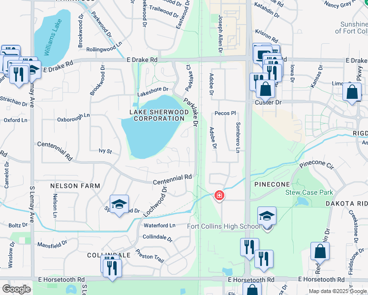 map of restaurants, bars, coffee shops, grocery stores, and more near 3005 Anchor Way in Fort Collins