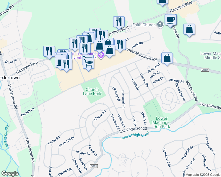 map of restaurants, bars, coffee shops, grocery stores, and more near 1311 Walnut Lane in Macungie