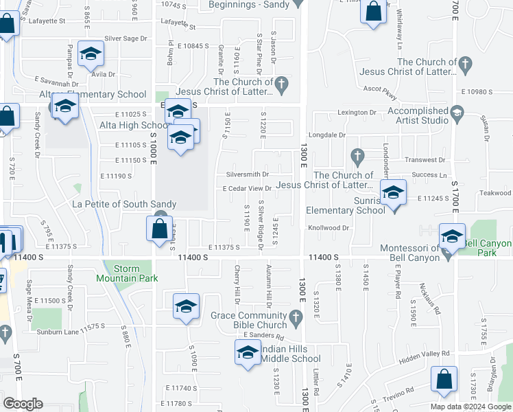 map of restaurants, bars, coffee shops, grocery stores, and more near 11266 South Silver Ridge Drive in Sandy