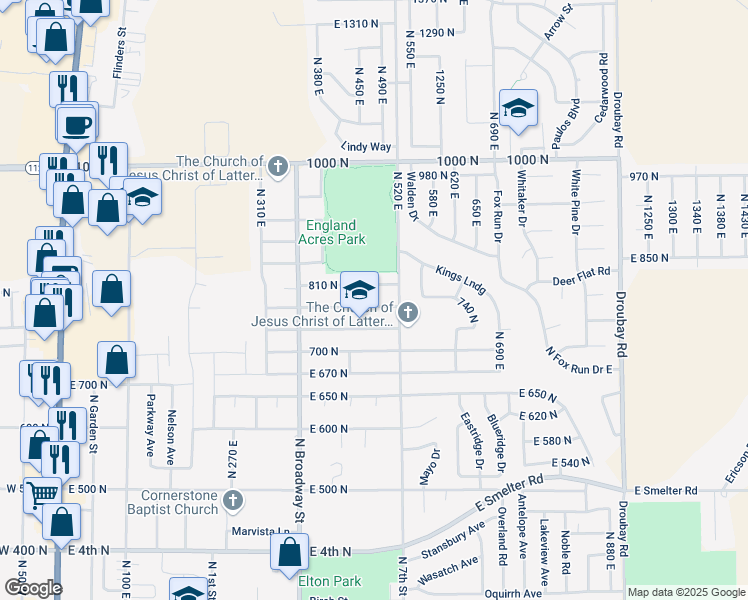 map of restaurants, bars, coffee shops, grocery stores, and more near 483 East 770 North in Tooele