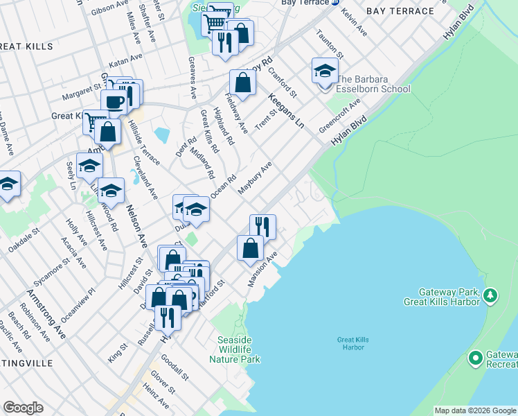 map of restaurants, bars, coffee shops, grocery stores, and more near 308 Great Kills Road in Staten Island