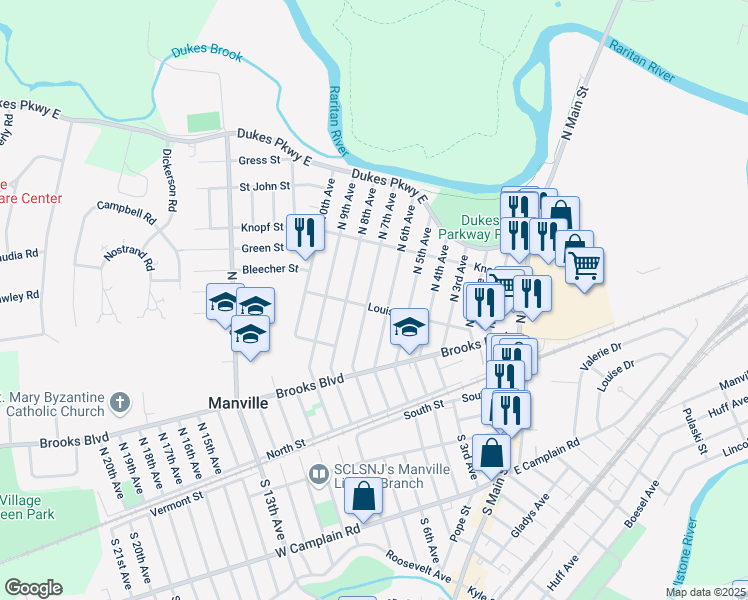 map of restaurants, bars, coffee shops, grocery stores, and more near 701 Louis Street in Manville