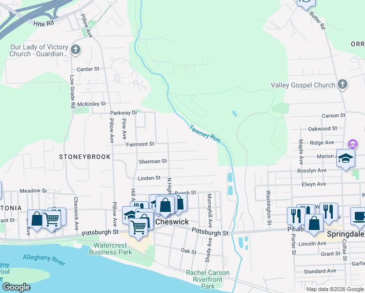 map of restaurants, bars, coffee shops, grocery stores, and more near 1514 Fairmont Street in Cheswick
