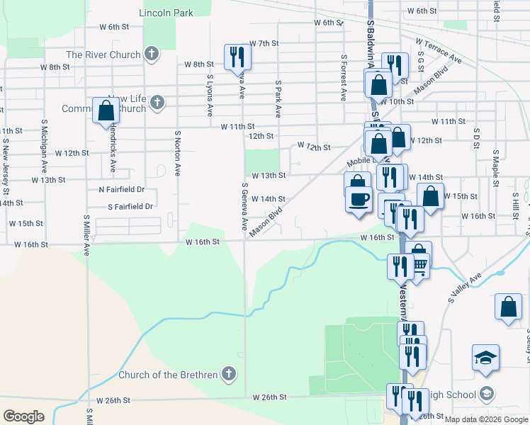 map of restaurants, bars, coffee shops, grocery stores, and more near 1717 Mason Boulevard in Marion