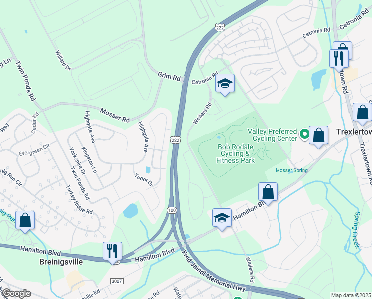 map of restaurants, bars, coffee shops, grocery stores, and more near 1114 Grim Road in Breinigsville