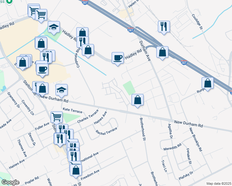 map of restaurants, bars, coffee shops, grocery stores, and more near 100 Coppola Drive in South Plainfield