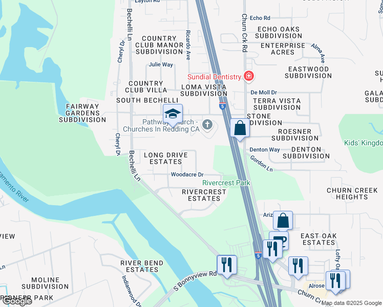 map of restaurants, bars, coffee shops, grocery stores, and more near 4182 Jane Street in Redding