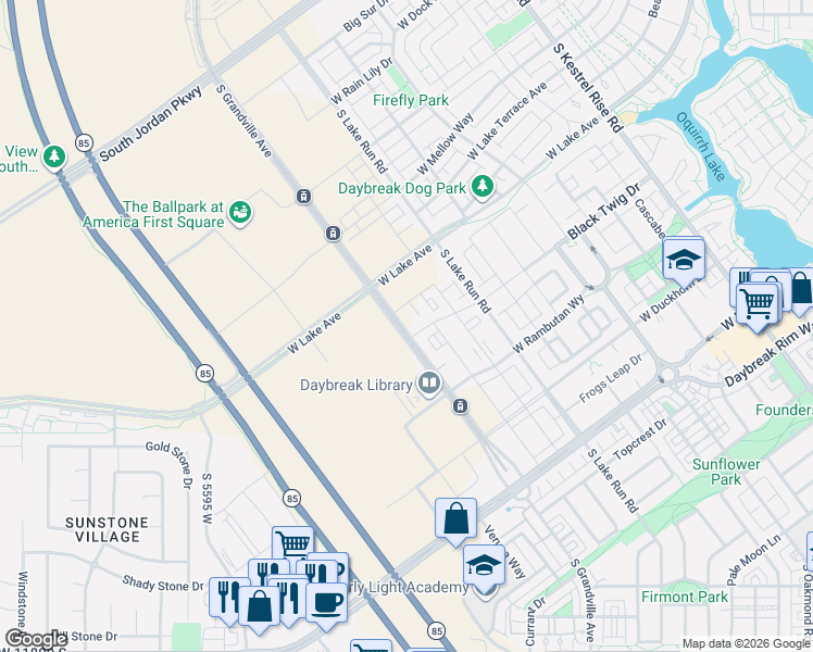 map of restaurants, bars, coffee shops, grocery stores, and more near 11303 South Parkline Drive in South Jordan