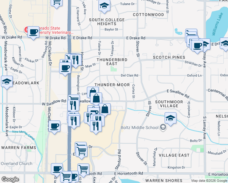 map of restaurants, bars, coffee shops, grocery stores, and more near 3019 Alamo Avenue in Fort Collins