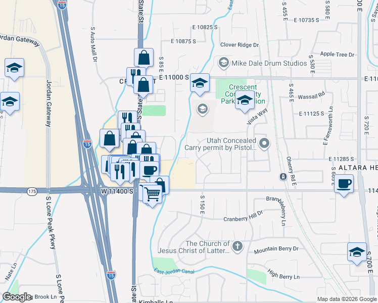 map of restaurants, bars, coffee shops, grocery stores, and more near 153 Crescent Pine Lane in Sandy