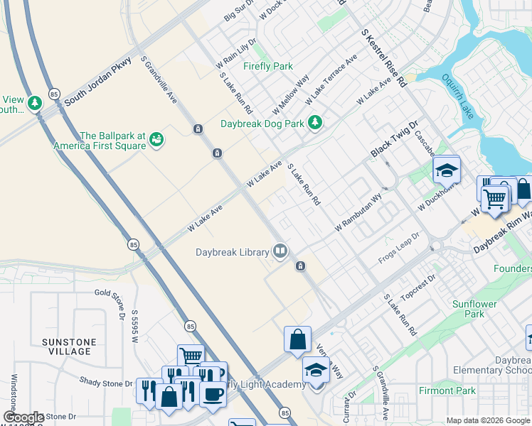 map of restaurants, bars, coffee shops, grocery stores, and more near 11303 South Parkline Drive in South Jordan