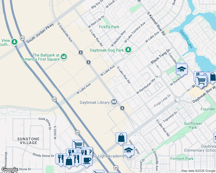 map of restaurants, bars, coffee shops, grocery stores, and more near 11303 South Parkline Drive in South Jordan