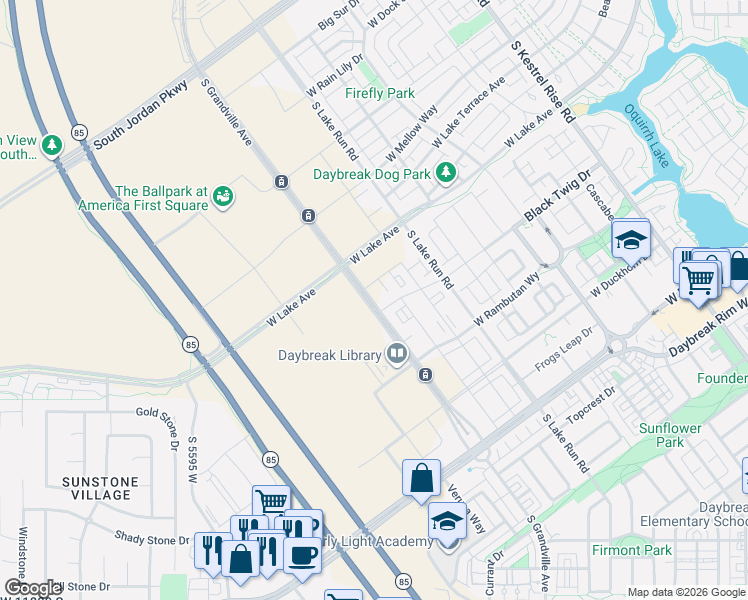 map of restaurants, bars, coffee shops, grocery stores, and more near 11303 South Parkline Drive in South Jordan