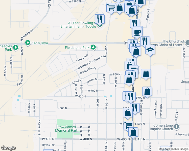 map of restaurants, bars, coffee shops, grocery stores, and more near 226 Daniel Drive in Tooele
