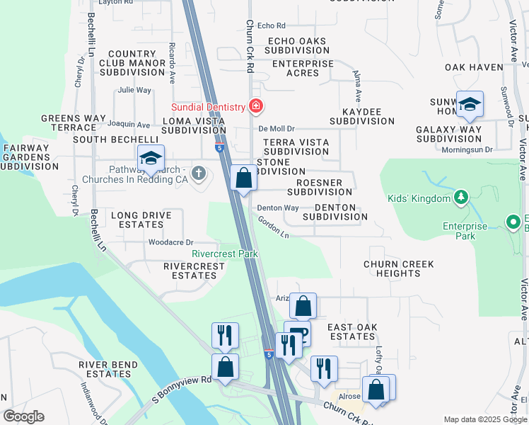 map of restaurants, bars, coffee shops, grocery stores, and more near 1081 Denton Way in Redding