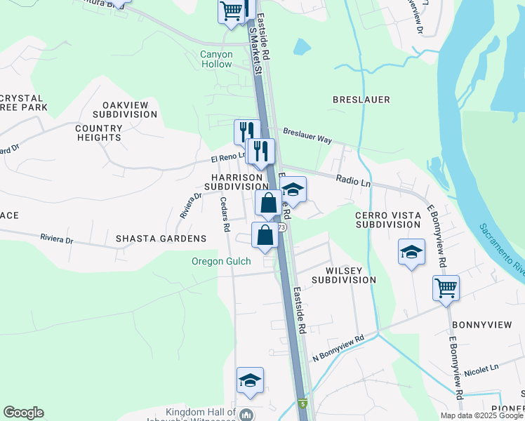 map of restaurants, bars, coffee shops, grocery stores, and more near 4707 Harrison Avenue in Redding