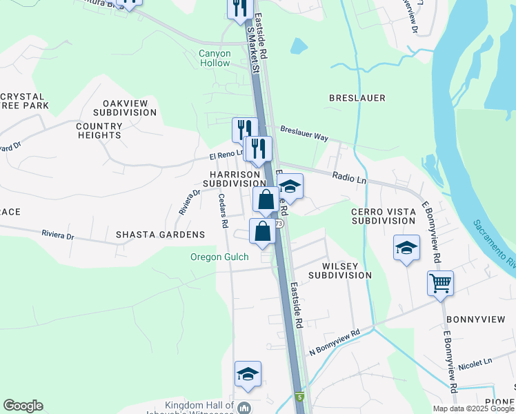 map of restaurants, bars, coffee shops, grocery stores, and more near 4707 Harrison Avenue in Redding