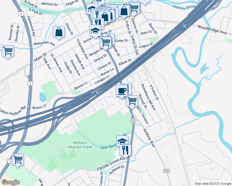 map of restaurants, bars, coffee shops, grocery stores, and more near 1209 Cricket Lane in Woodbridge Township