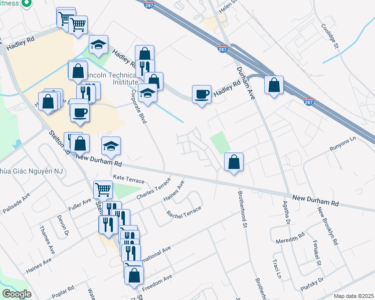 map of restaurants, bars, coffee shops, grocery stores, and more near 717 Lucy Court in South Plainfield