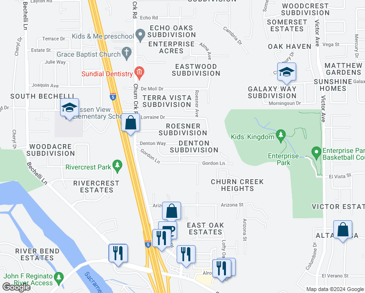 map of restaurants, bars, coffee shops, grocery stores, and more near 1243 Denton Way in Redding