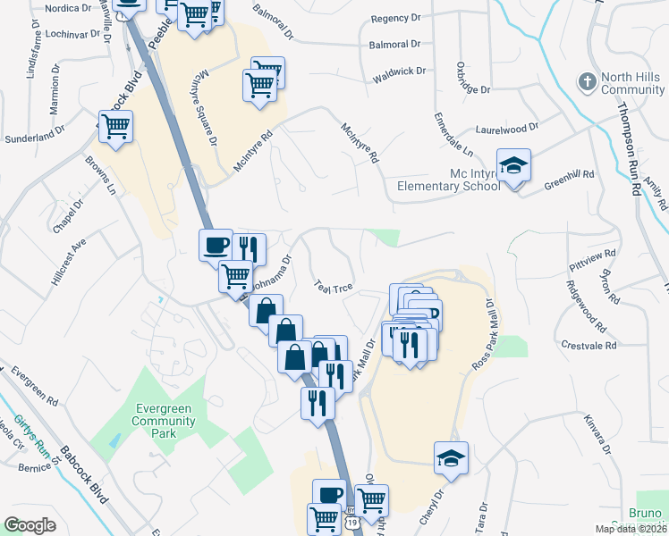 map of restaurants, bars, coffee shops, grocery stores, and more near 1000 Johnanna Drive in Pittsburgh