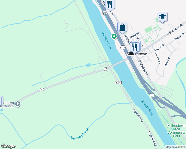 map of restaurants, bars, coffee shops, grocery stores, and more near 107 Raccoon Valley Road in Millerstown
