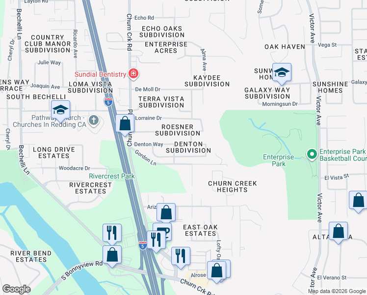 map of restaurants, bars, coffee shops, grocery stores, and more near 1283 Denton Way in Redding