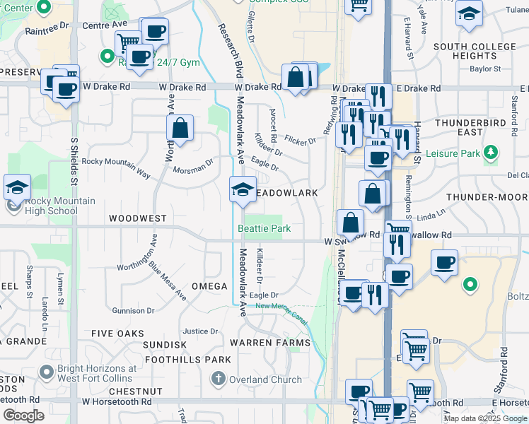 map of restaurants, bars, coffee shops, grocery stores, and more near 3000 Meadowlark Avenue in Fort Collins