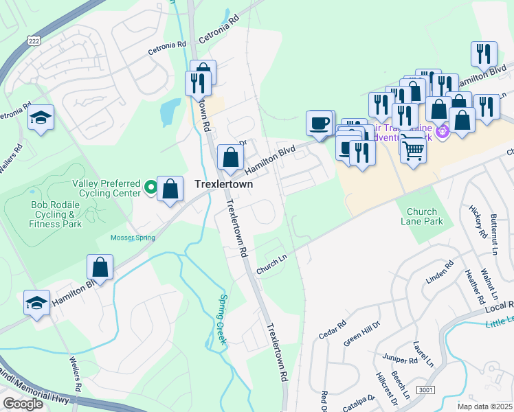 map of restaurants, bars, coffee shops, grocery stores, and more near 7608 Brandywine Circle in Trexlertown