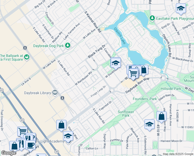 map of restaurants, bars, coffee shops, grocery stores, and more near 11259 Artichoke Way in South Jordan