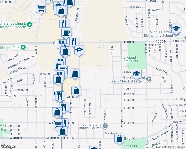 map of restaurants, bars, coffee shops, grocery stores, and more near 795 Brook Avenue East in Tooele