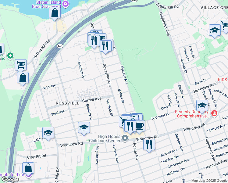 map of restaurants, bars, coffee shops, grocery stores, and more near 504 Correll Avenue in Staten Island