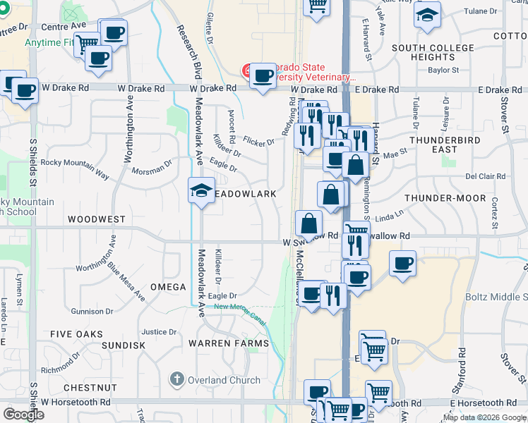 map of restaurants, bars, coffee shops, grocery stores, and more near 3001 Eagle Drive in Fort Collins
