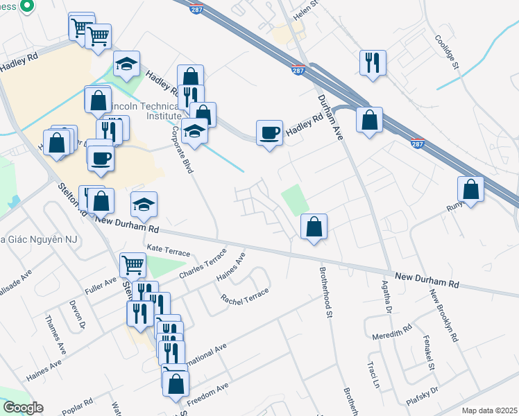 map of restaurants, bars, coffee shops, grocery stores, and more near 422 Lucy Court in South Plainfield