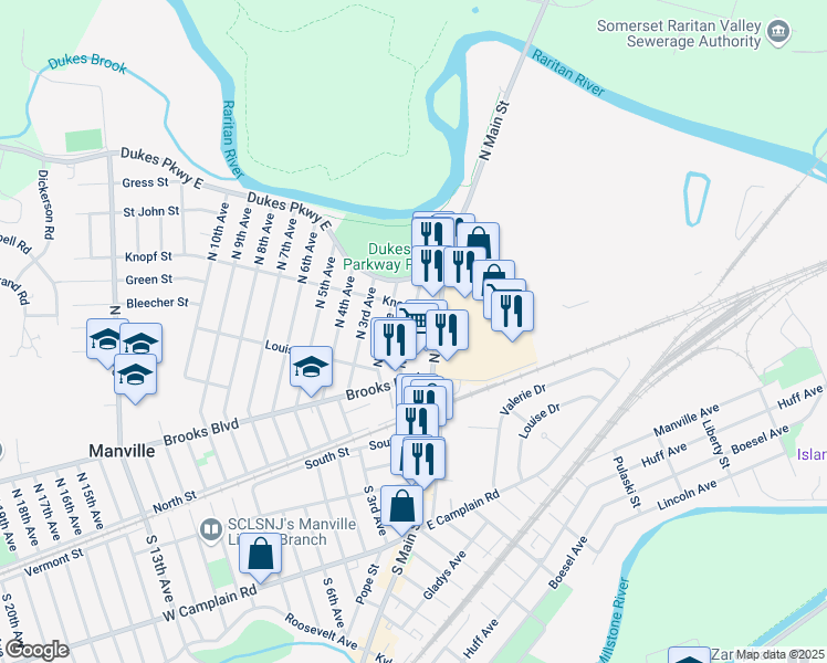 map of restaurants, bars, coffee shops, grocery stores, and more near 238 North 1st Avenue in Manville