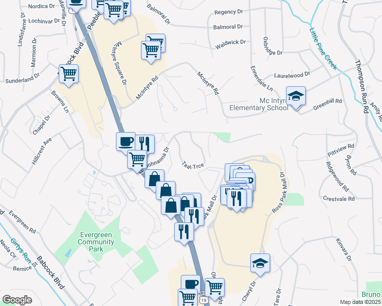 map of restaurants, bars, coffee shops, grocery stores, and more near 1701 Teal Trce in Pittsburgh