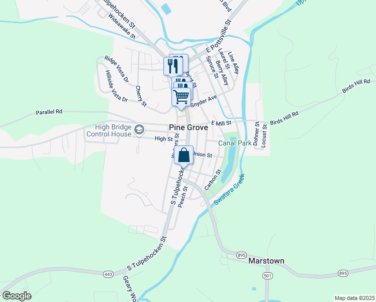 map of restaurants, bars, coffee shops, grocery stores, and more near 205 South Tulpehocken Street in Pine Grove