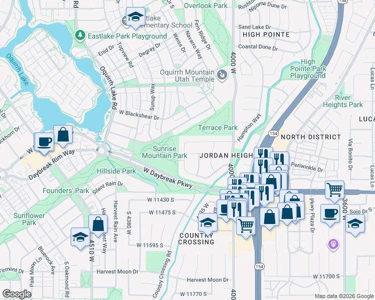map of restaurants, bars, coffee shops, grocery stores, and more near 11247 Great Neck Drive in South Jordan