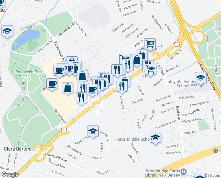 map of restaurants, bars, coffee shops, grocery stores, and more near 8 Lafayette Road in Edison