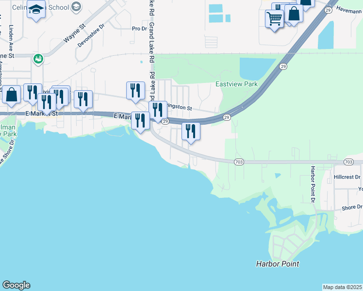 map of restaurants, bars, coffee shops, grocery stores, and more near 1609 East Market Street in Celina