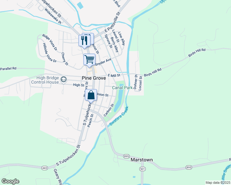 map of restaurants, bars, coffee shops, grocery stores, and more near 38 Carbon Street in Pine Grove