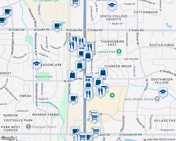 map of restaurants, bars, coffee shops, grocery stores, and more near 3000-3030 S College Ave in Fort Collins