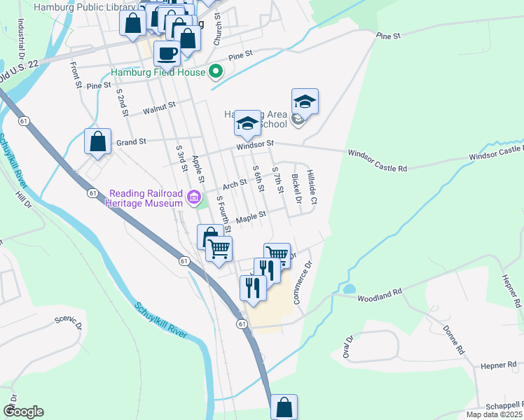 map of restaurants, bars, coffee shops, grocery stores, and more near 600 South 6th Street in Hamburg