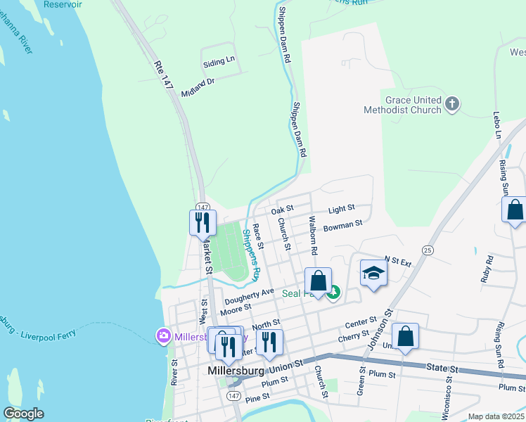 map of restaurants, bars, coffee shops, grocery stores, and more near 399 Oak Street in Millersburg