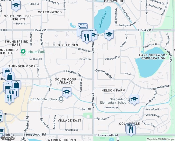 map of restaurants, bars, coffee shops, grocery stores, and more near 1025 Oxford Lane in Fort Collins