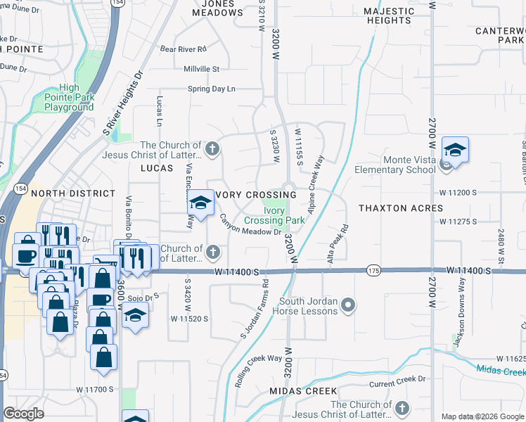 map of restaurants, bars, coffee shops, grocery stores, and more near 11244 Copper Point Way in South Jordan