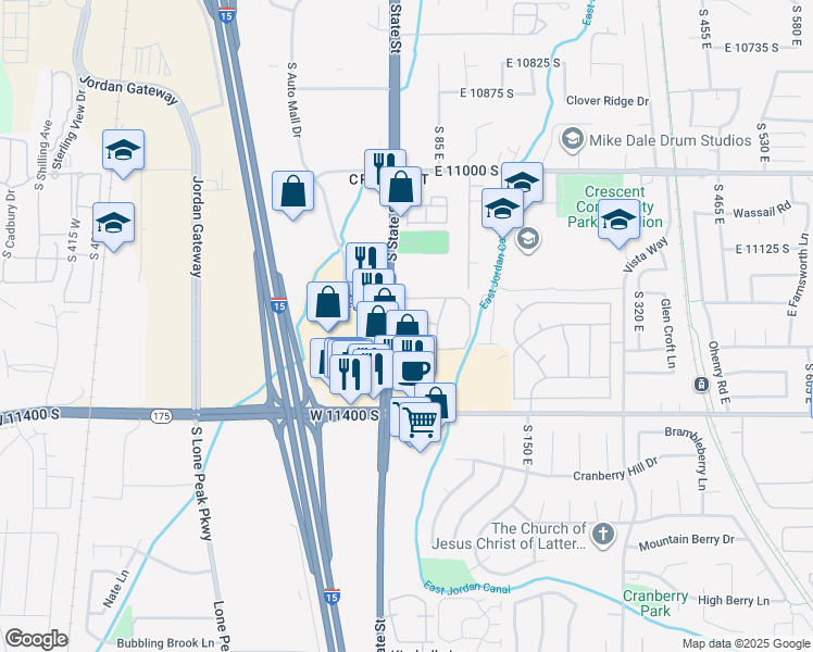 map of restaurants, bars, coffee shops, grocery stores, and more near 11251 South State Street in Sandy
